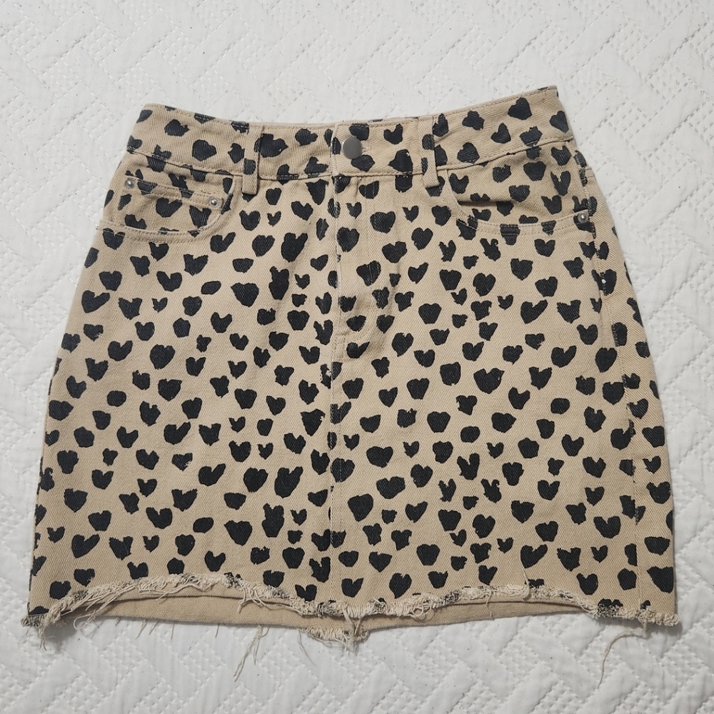 Entro Dwnim Mini Skirt with Black Heart Print EUC